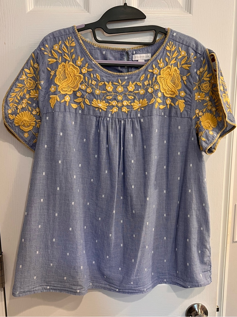Charter Club Blue Top with Yellow Floral Embroidery